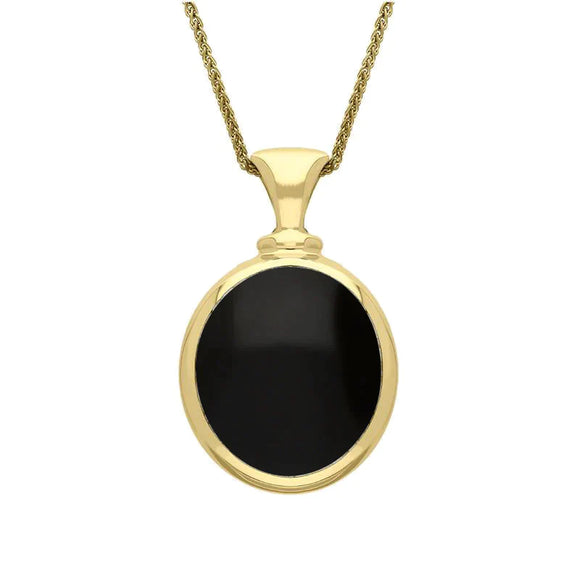 9ct Yellow Gold Whitby Jet Blue John Small Double Sided Oval Fob Necklace, P219_2.