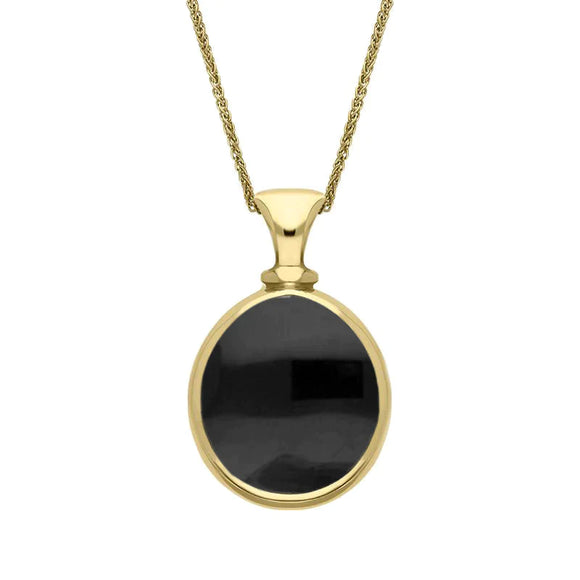 9ct Yellow Gold Whitby Jet Blue John Small Double Sided Pear Fob Necklace, P220_2.