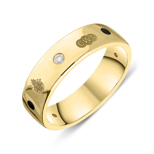 9ct Yellow Gold Whitby Jet Diamond Queen's Jubilee Hallmark 6mm Ring, R1193_6_JFH