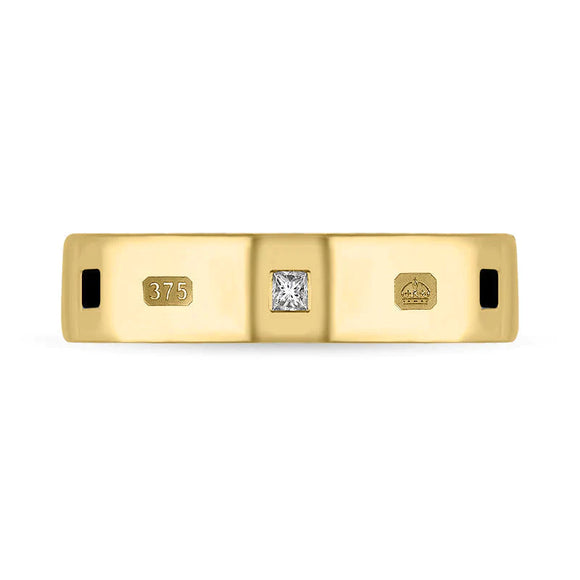 9ct Yellow Gold Whitby Jet 0.12ct Diamond Queen's Jubilee Hallmark Princess Cut 5mm Ring D