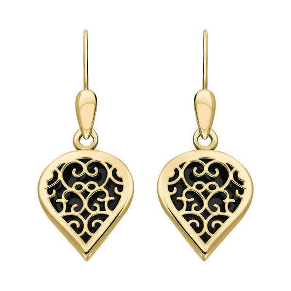9ct Yellow Gold Whitby Jet Flore Filigree Heart Drop Earrings. E2588.