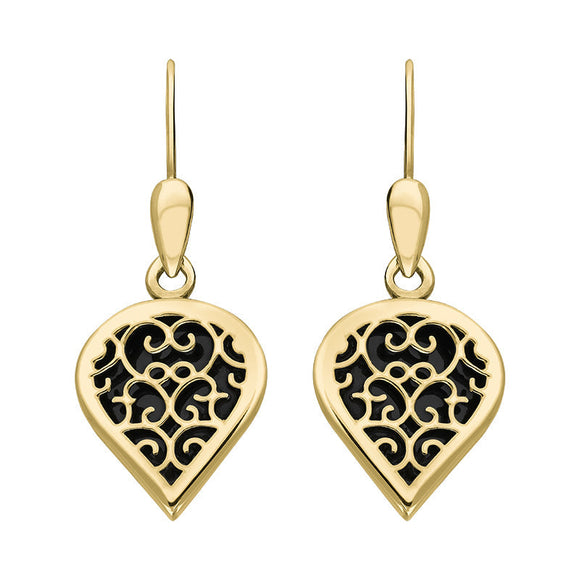 9ct Yellow Gold Whitby Jet Flore Filigree Heart Drop Earrings. E2588.