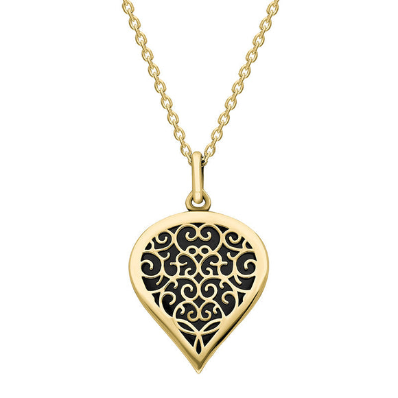 9ct Yellow Gold Whitby Jet Flore Filigree Medium Heart Necklace. P3630.