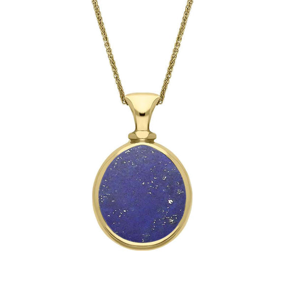 9ct Yellow Gold Whitby Jet Lapis Lazuli Small Double Sided Pear Fob Necklace, P220.