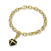 9ct Yellow Gold Whitby Jet Small Cross Heart Charm Bracelet, B1209