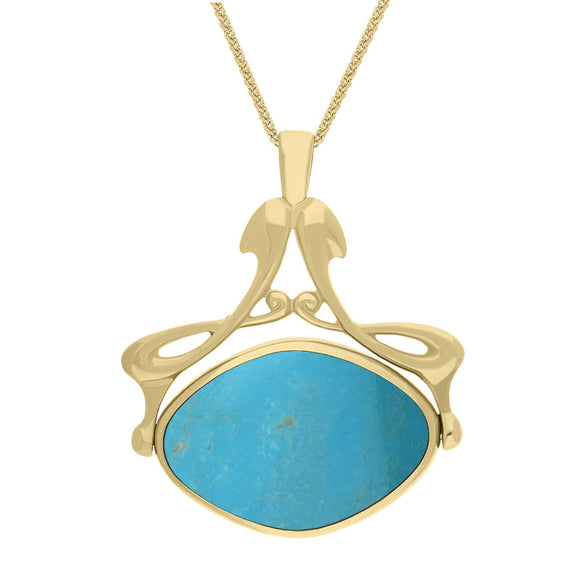 9ct Yellow Gold Whitby Jet Turquoise Bell Diamond Swivel Fob Necklace, P113_10.
