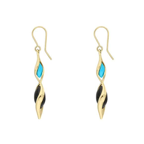 9ct Yellow Gold Whitby Jet Turquoise Double Graduated Twist Drop Earrings E1791
