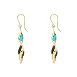 9ct Yellow Gold Whitby Jet Turquoise Double Graduated Twist Drop Earrings E1791