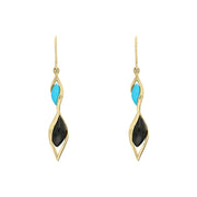 9ct Yellow Gold Whitby Jet Turquoise Double Graduated Twist Drop Earrings E1791