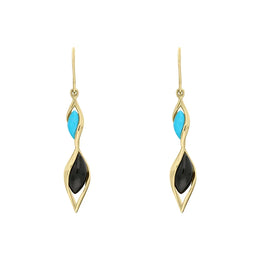 9ct Yellow Gold Whitby Jet Turquoise Double Graduated Twist Drop Earrings E1791