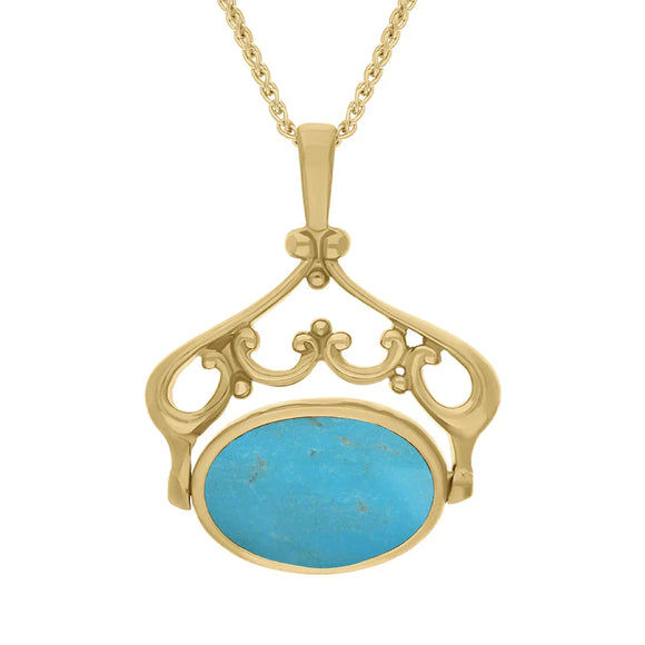 9ct Yellow Gold Whitby Jet Turquoise Ornate Double Sided Oval Swivel Fob Necklace, P116_8.