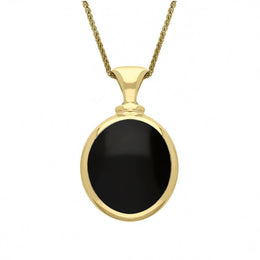 9ct Yellow Gold Whitby Jet Turquoise Small Double Sided Oval Fob Necklace, P219_2.