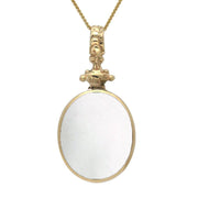9ct Yellow Gold Whitby Jet White Mother Of Pearl Double Sided Oval Fob Necklace, P100.