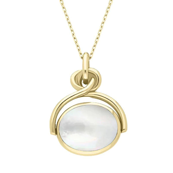 9ct Yellow Gold Whitby Jet White Mother of Pearl Oval Swivel Fob Necklace, P096_2.