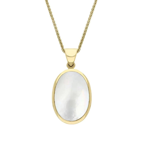 9ct Yellow Gold Whitby Jet White Mother Of Pearl Small Double Sided Fob Necklace, P832.