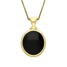 9ct Yellow Gold Whitby Jet White Mother Of Pearl Small Double Sided Oval Fob Necklace, P219.