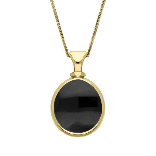 9ct Yellow Gold Whitby Jet Mother Of Pearl Small Double Sided Pear Fob Necklace