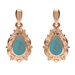 9ct Rose Gold Turquoise Pear Shaped Leaf Drop Earrings, E083.