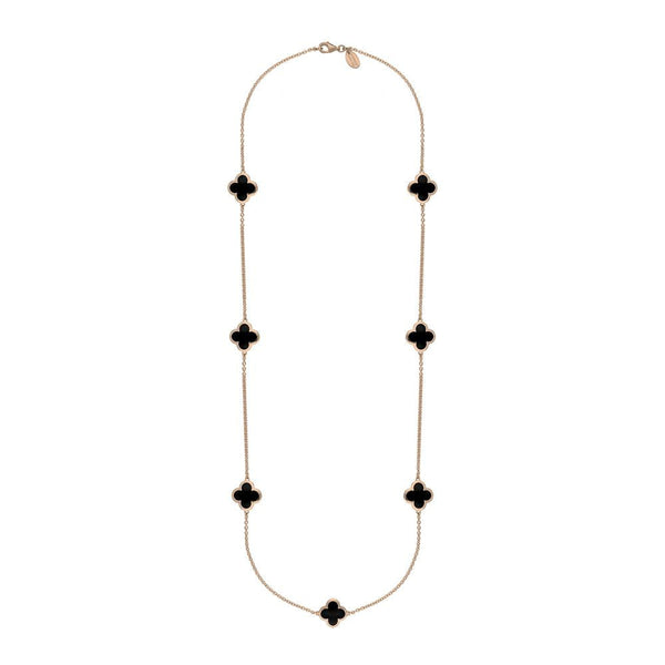 9ct Rose Gold Whitby Jet Bloom Four Leaf Clover Long Necklace, N1129.