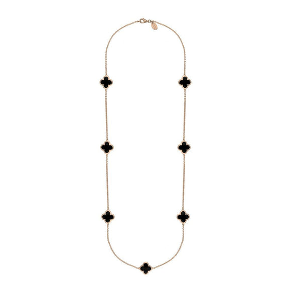9ct Rose Gold Whitby Jet Bloom Four Leaf Clover Long Necklace, N1129.