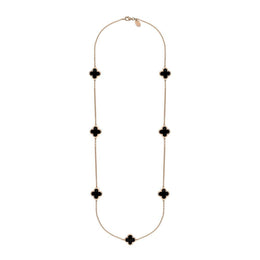 9ct Rose Gold Whitby Jet Bloom Four Leaf Clover Long Necklace, N1129.