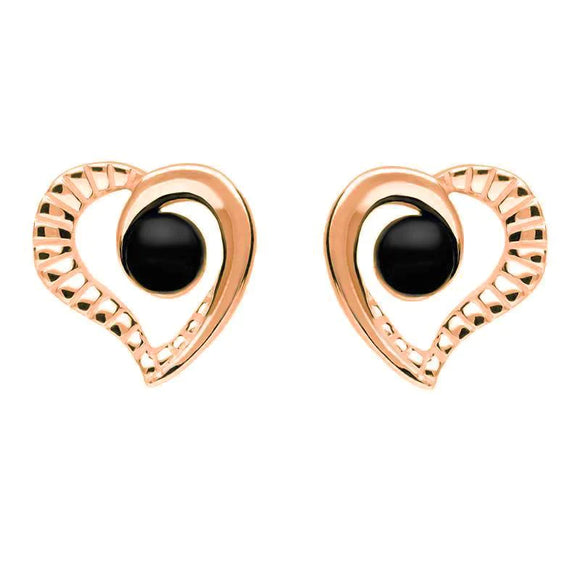 9ct Rose Gold Whitby Jet Half Ridged Heart Stud Earrings E1908
