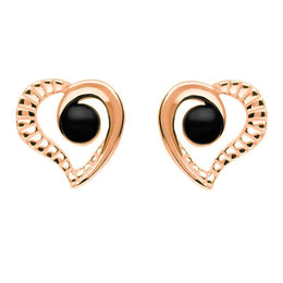 9ct Rose Gold Whitby Jet Half Ridged Heart Stud Earrings E1908