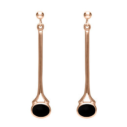 9ct Rose Gold Whitby Jet Long Drop Earrings. E094.