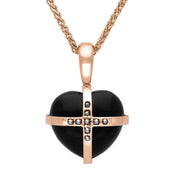 9ct Rose Gold Whitby Jet Marcasite Cross Heart Necklace. P2162.