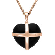 9ct Rose Gold Whitby Jet Medium Cross Heart Necklace. P1543.