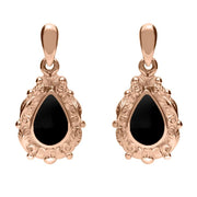 9ct Rose Gold Whitby Jet Pear Shaped Leaf Drop Earrings, E083.