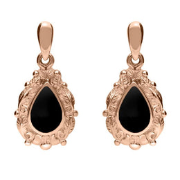 9ct Rose Gold Whitby Jet Pear Shaped Leaf Drop Earrings, E083.