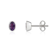9ct White Gold Amethyst 5x3mm Oval Rub Over Set Stud Earrings. 33-51-098_2