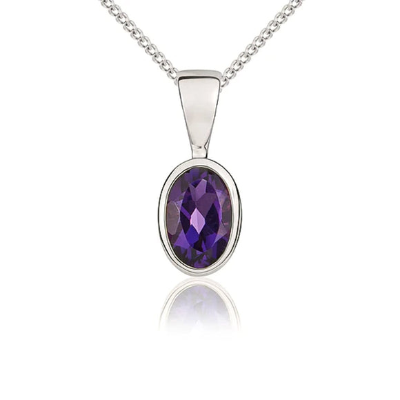 9ct White Gold Amethyst 6x4mm Oval Rub Over Set Necklace 62-51-021.