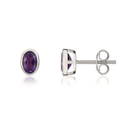 9ct White Gold Amethyst 6x4mm Oval Rub Over Set Stud Earrings 33-51-081.