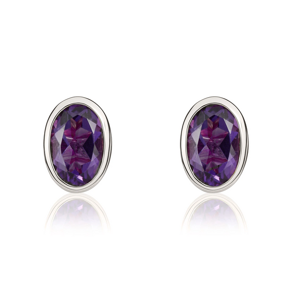 9ct White Gold Amethyst 6x4mm Oval Rub Over Set Stud Earrings 33-51-081.