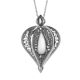 9ct White Gold Bauxite Flore Filigree Droplet Necklace, P2330C.