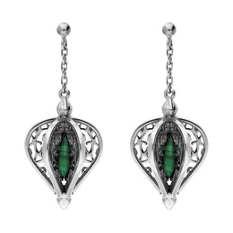 9ct White Gold Malachite Flore Filigree Drop Earrings E1781