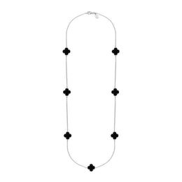 9ct White Gold Whitby Jet Bloom Four Leaf Clover Ball Edge Long Necklace, N1040.