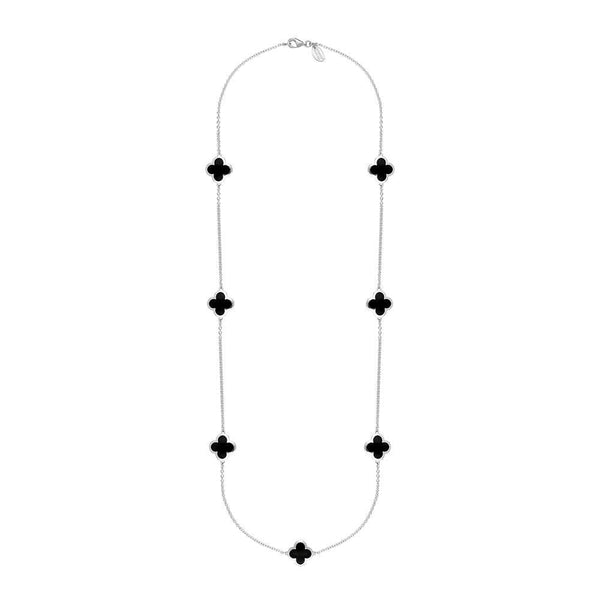 9ct White Gold Whitby Jet Bloom Four Leaf Clover Long Necklace, N1129.