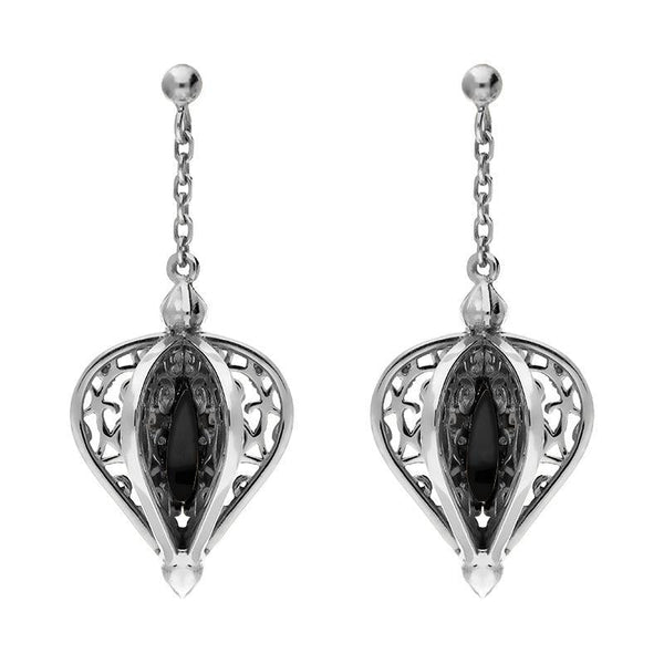 9ct White Gold Whitby Jet Flore Filigree Drop Earrings E1781