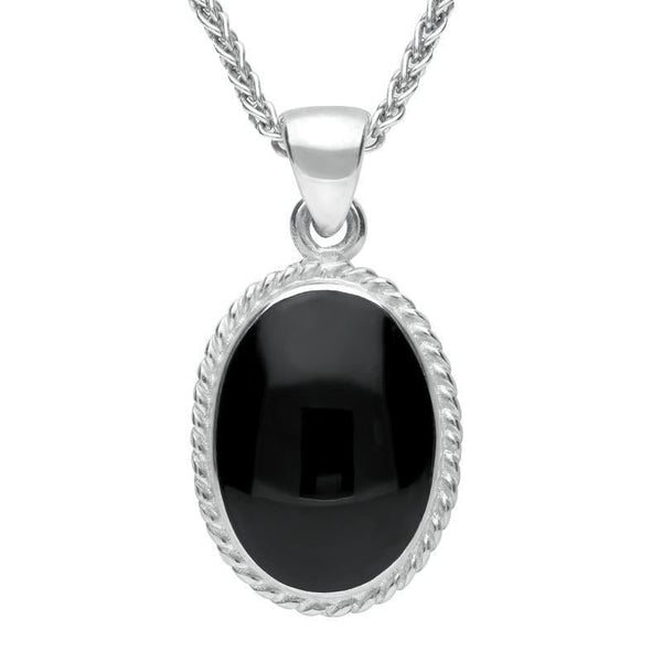 9ct White Gold Whitby Jet Heritage Rope Edge Medium Oval Pendant, P004. 