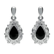 9ct White Gold Whitby Jet Pear Shaped Leaf Drop Earrings, E083.