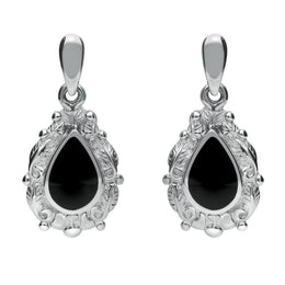 9ct White Gold Whitby Jet Pear Shaped Leaf Drop Earrings, E083.