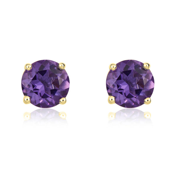 9ct Yellow Gold Amethyst 5mm Round Claw Set Stud Earrings. 33-51-030
