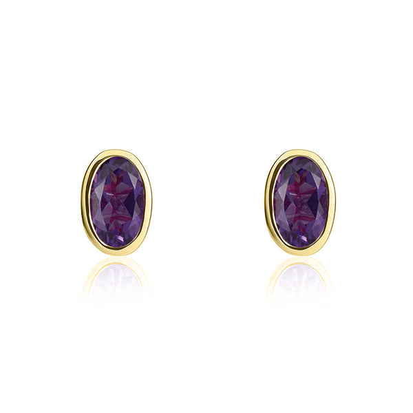 9ct Yellow Gold Amethyst 5x3mm Oval Rub Over Set Stud Earrings. 33-51-099.