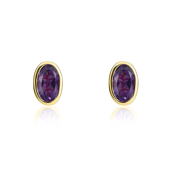 9ct Yellow Gold Amethyst 5x3mm Oval Rub Over Set Stud Earrings. 33-51-099.