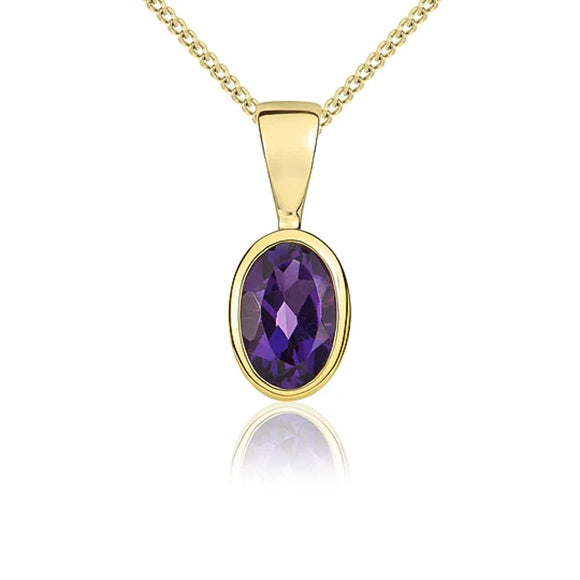 9ct Yellow Gold Amethyst 6x4mm Oval Rub Over Set Necklace 62-51-008.