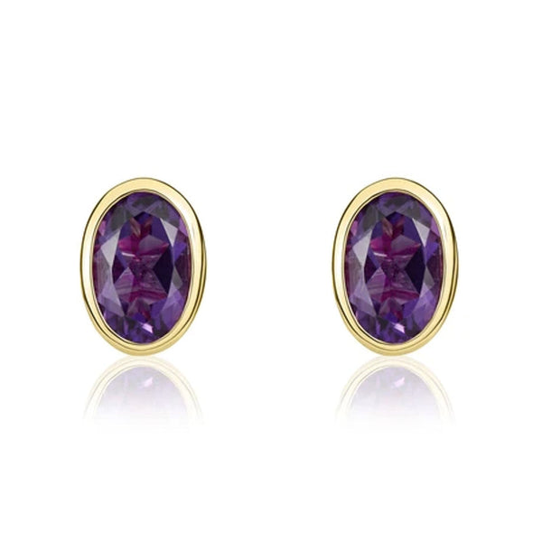 9ct Yellow Gold Amethyst 6x4mm Oval Rub Over Set Stud Earrings 33-51-011.