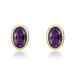 9ct Yellow Gold Amethyst 6x4mm Oval Rub Over Set Stud Earrings 33-51-011.